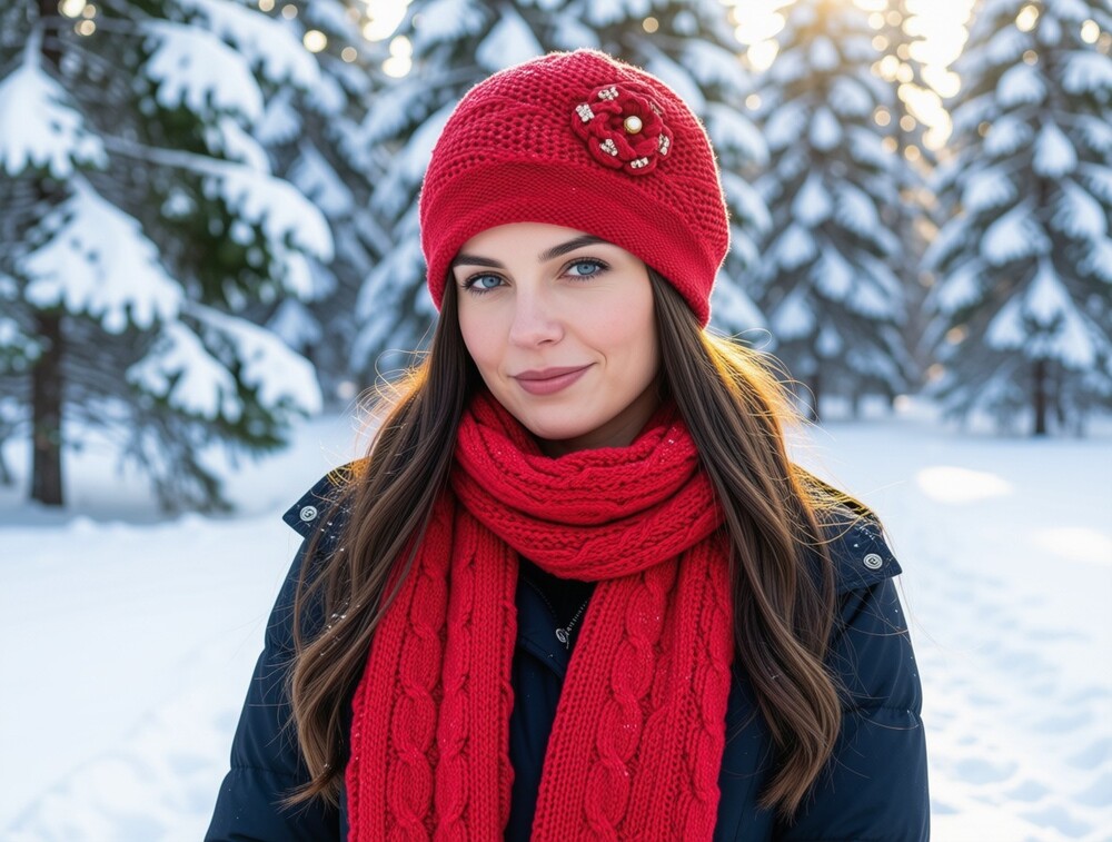 Red Knit Beanie Hat & Scarf Set Floral Pearl Rhinestone Embellished Winter
